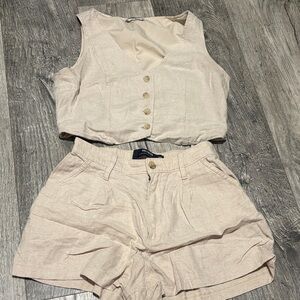 Cream Button-Up Vest and Shorts Set
